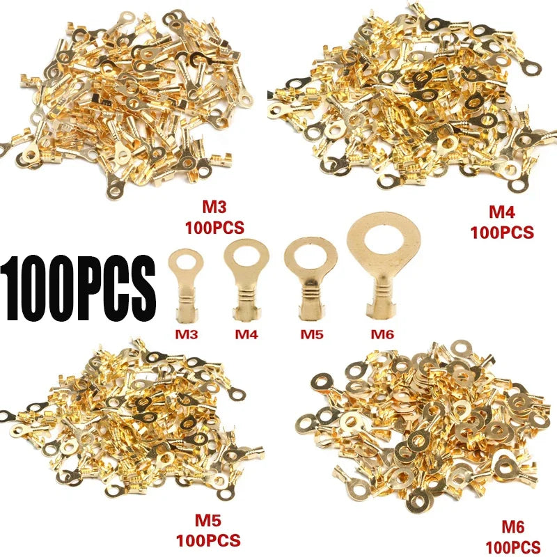 100Pcs 3.2-6.2mm Non-insulated Ring Cable Lugs Terminals Assorted Naked Connector Wire Cable Connectors Brass Terminals Kit