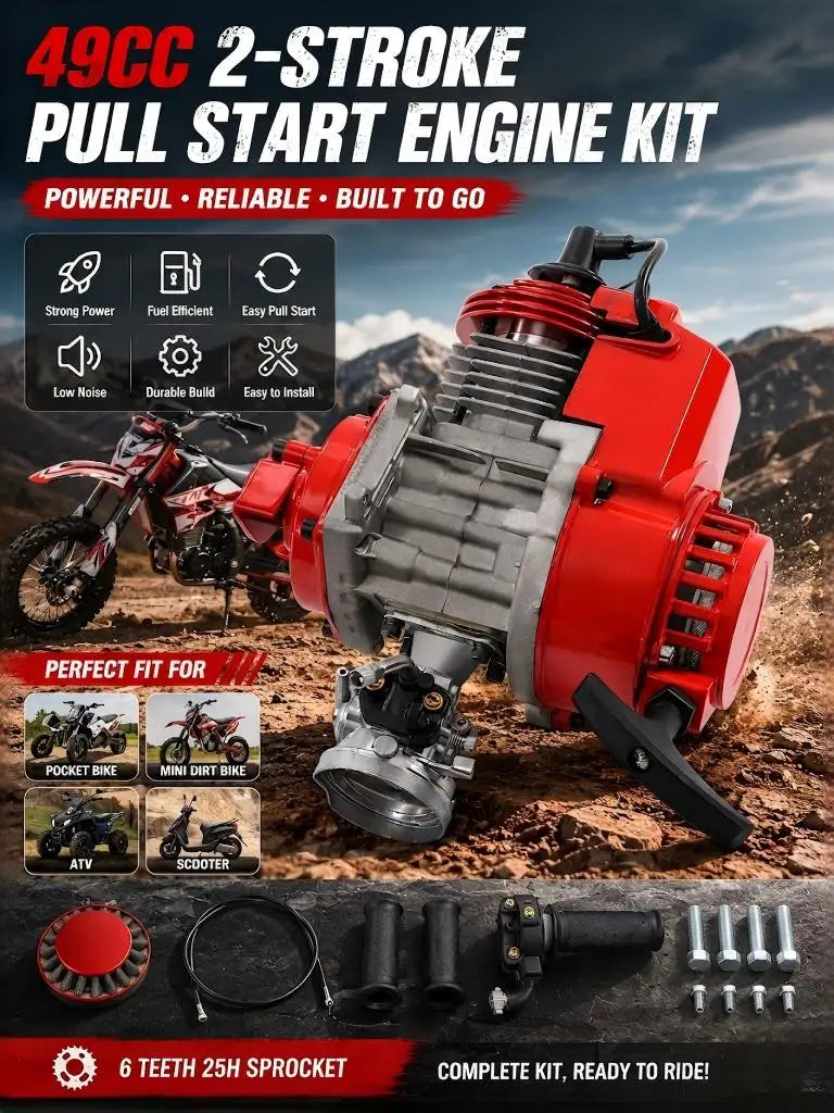 49cc 2-Stroke Pull Start Engine Kit with Throttle Cable and Grips, Red