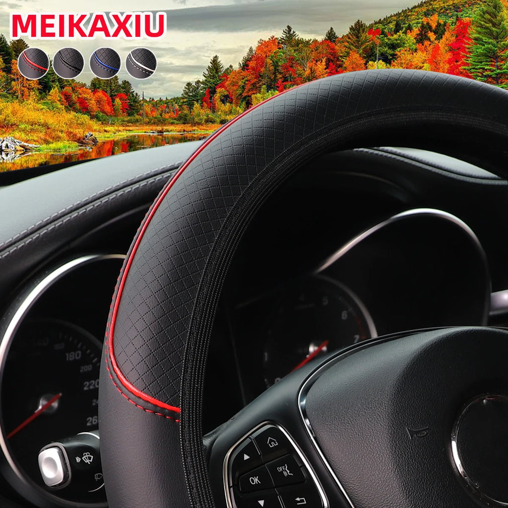 Check Pattern Embossed PU Leather Steering Wheel Cover, 37-38cm