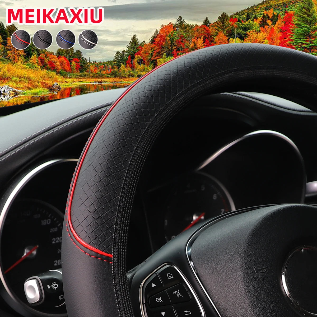 Check Pattern Embossed PU Leather Steering Wheel Cover, 37-38cm