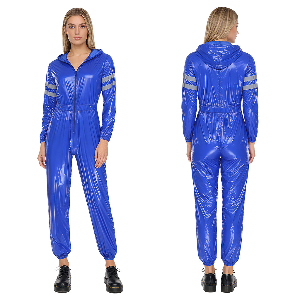 Womens Water Resistant Hooded Coveralls High Visibility Reflective Strips Long Sleeve Front Zipper Work Overalls for Workshop