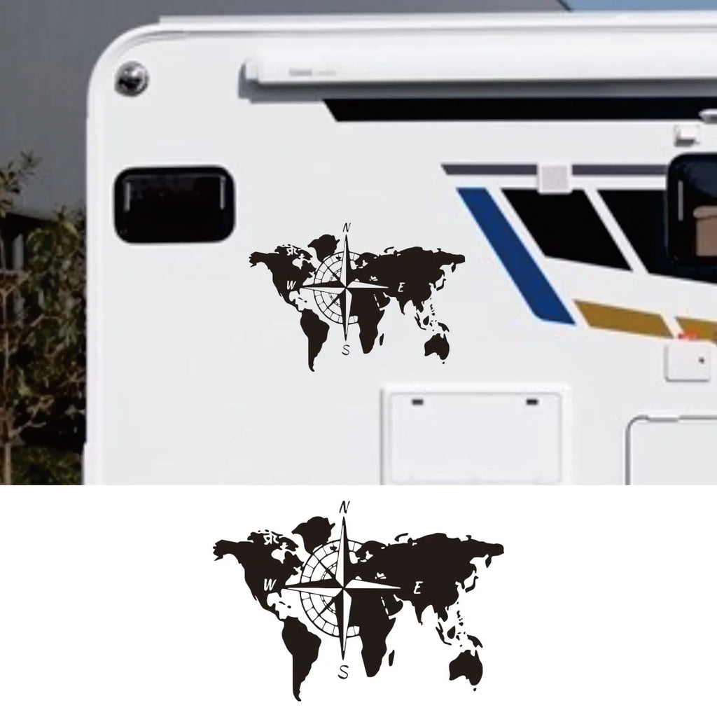 World Map Compass Vinyl Decal for Campers, RVs and Trucks