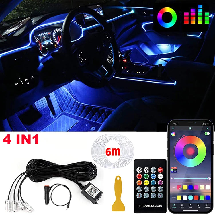 LED Car Interior Ambient Strip Lights RGB Fiber Optic Neon Kit with APP Remote Control