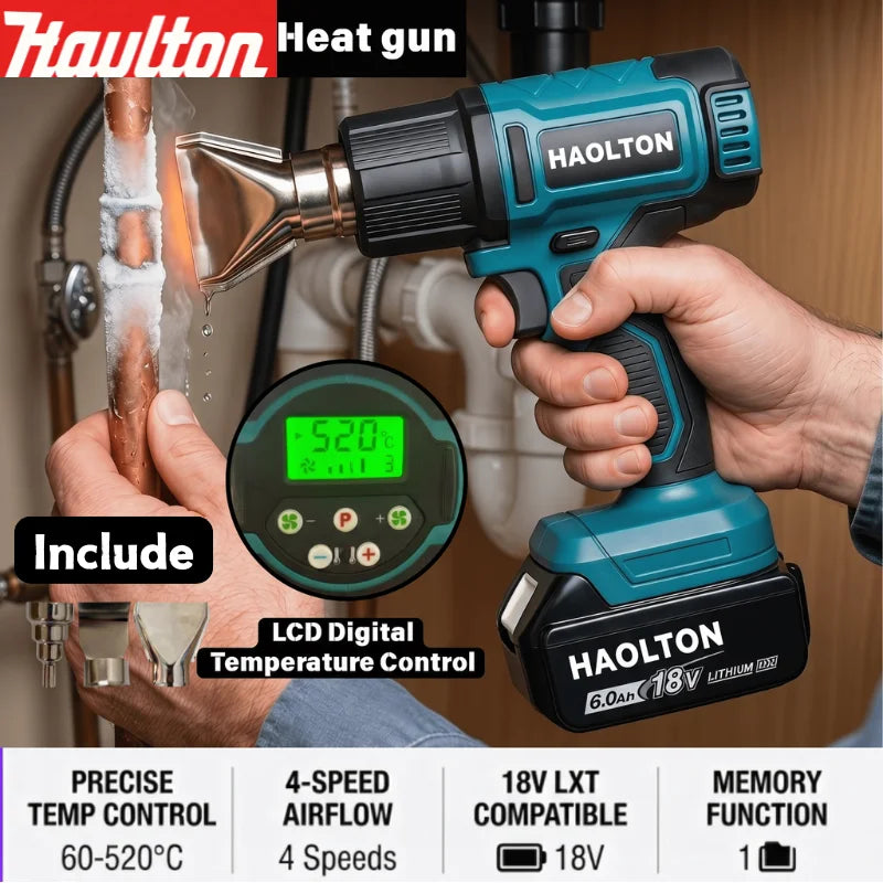 Cordless Industrial Handheld Electric Heat Gun, Adjustable Temperature, 18V Battery Compatible