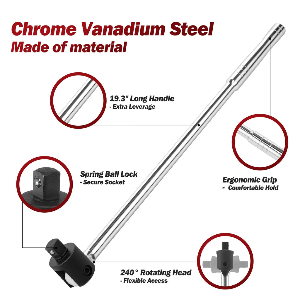 1/2'' Drive Breaker Bar Wrench Socket 240-Degree Cr-V Flex Head and Engraved Non-slip Handle Repair Tools for Tight Space