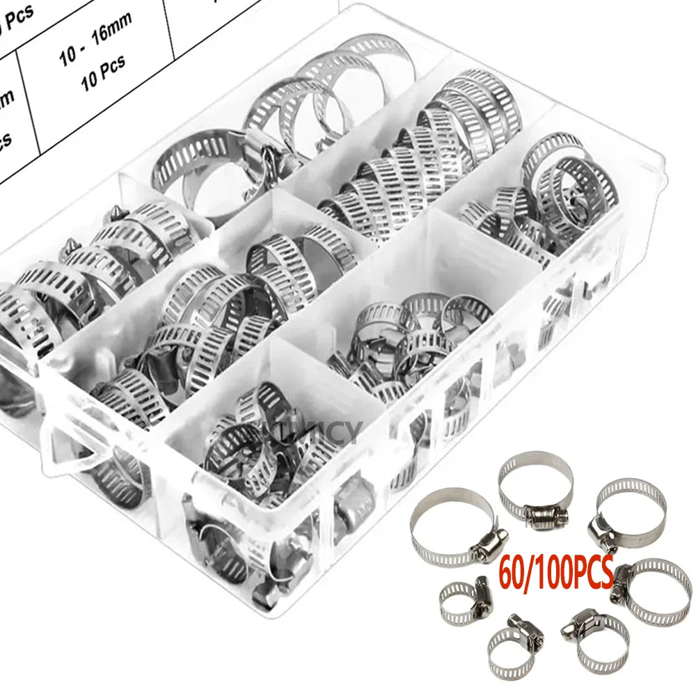 45–100 Piece Adjustable Stainless Steel Hose Clamp Kit