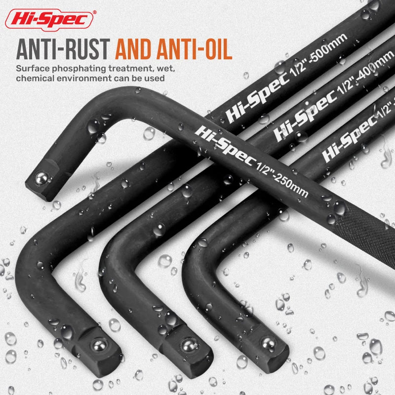 Hi-Spec 1/2 In Extra Long L Bar Breaker Bar Socket Wrench Handle CR-V Steel Anti Rust 250—500mm for Auto Repair Garage Hand Tool