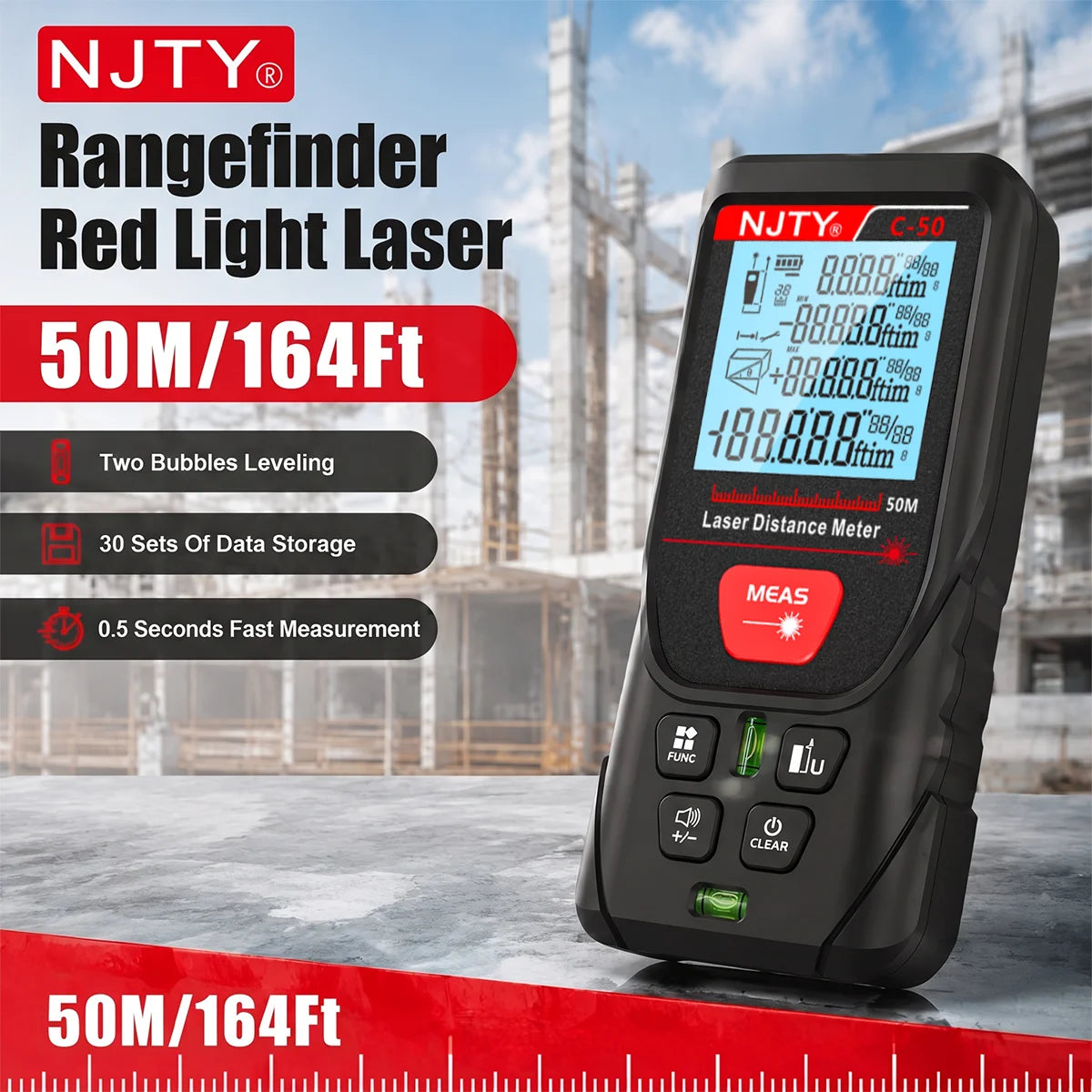 50/100/200m Laser Distance Meter, Handheld Rangefinder with Backlit LCD