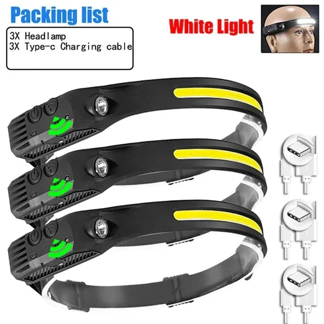 USB Rechargeable LED Sensor Headlamp, COB Waterproof Work Light for Camping