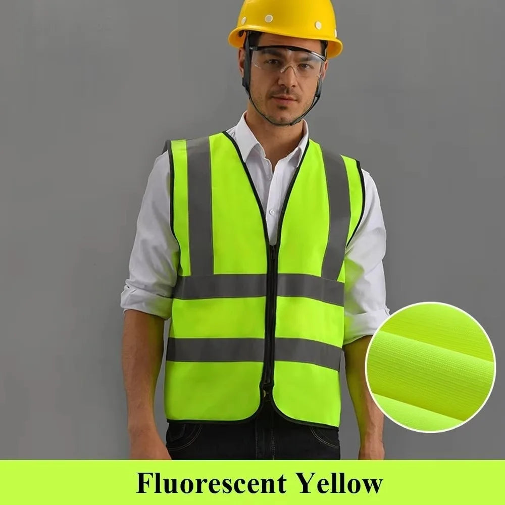 Durable High Visibility Safety Vest with Reflective Strips and Zipper Front