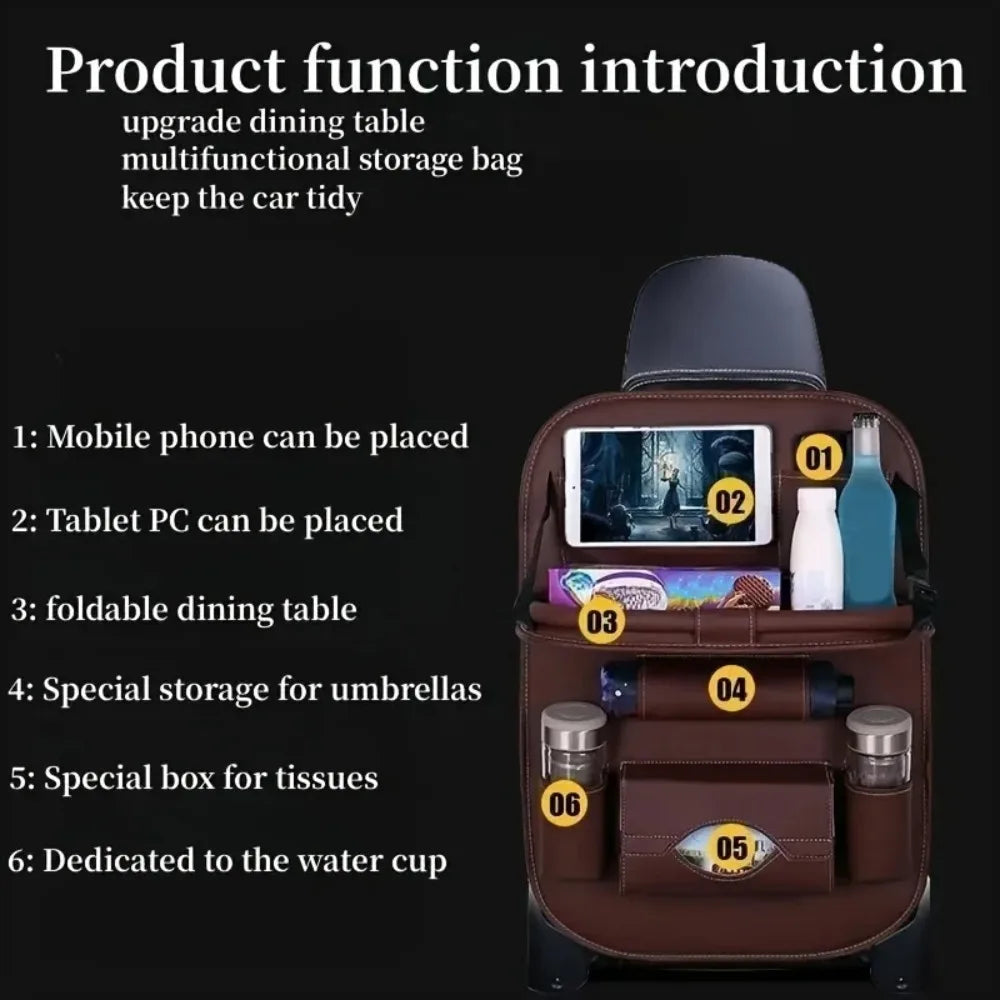 PU Leather Car Seat Back Organizer with Foldable Tray