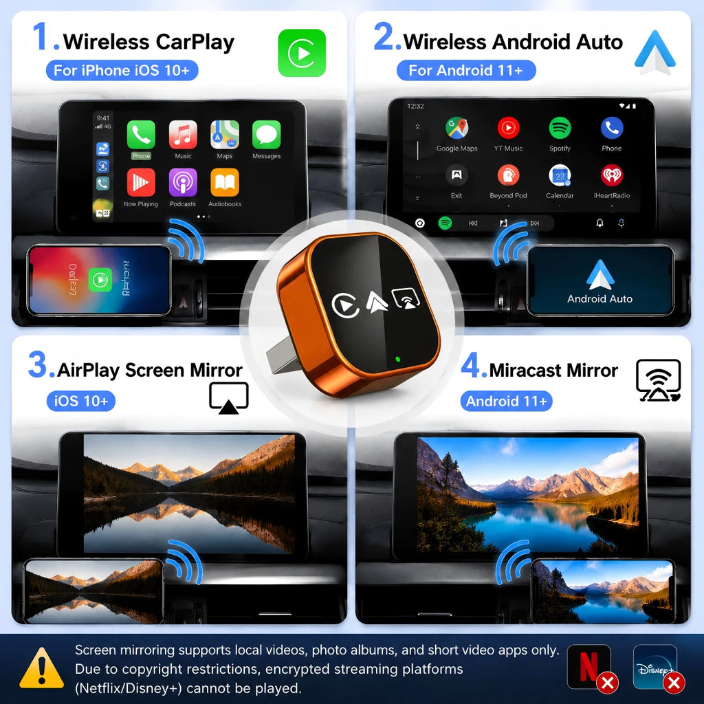 4-in-1 Wireless CarPlay and Android Auto Adapter with Mirroring