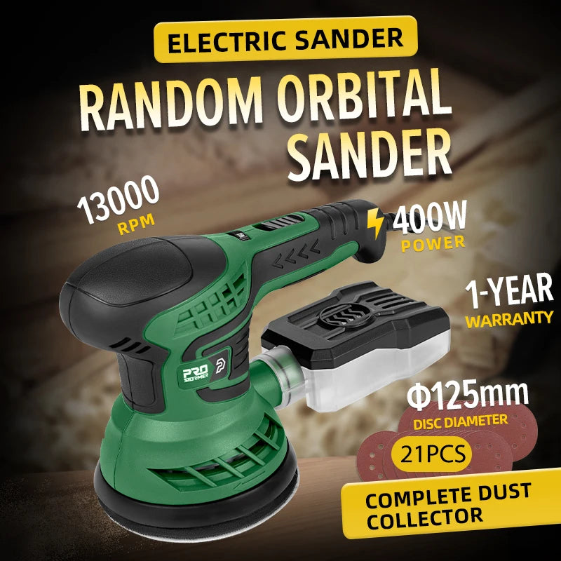 400W Electric Sander Machine 230V with 7-Speed Transmission 125mm Sanding Pad Dust Collector And 21pcs Sandpapers PROSTORMER
