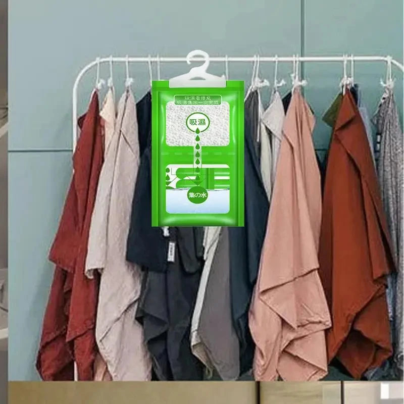 Hanging wardrobe dehumidifier bags, anti-mould moisture absorber for closets