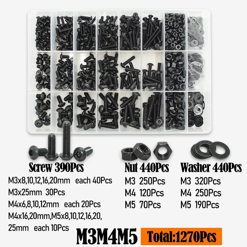 Black Button Head Hex Socket Screw Kit M2-M6 with Nuts and Washers