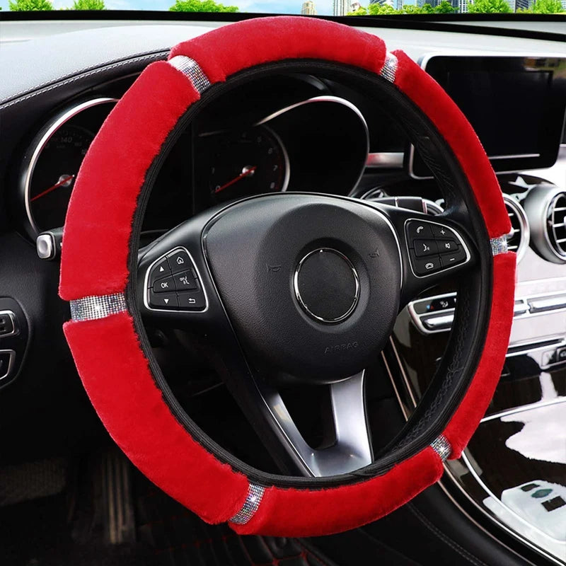 Plush Steering Wheel, Gearshift & Handbrake Cover Set with Rhinestones