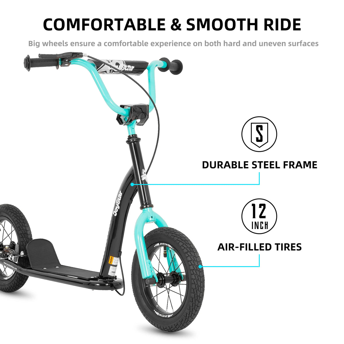 JOYSTAR 12" Kick Scooter for Kids 5+ Teens & Youth with Adjustable Handlebar Big Wheel 2-Wheel Scooter Rear Drum Brakes