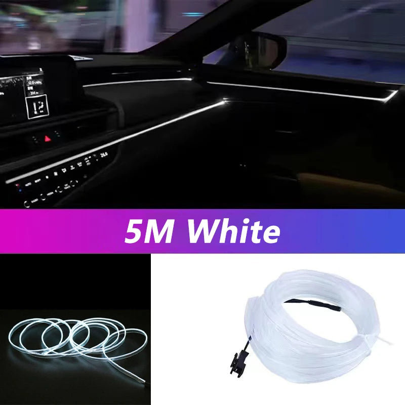 Car Interior LED Neon EL Wire Ambient Light Strip, USB, 5m