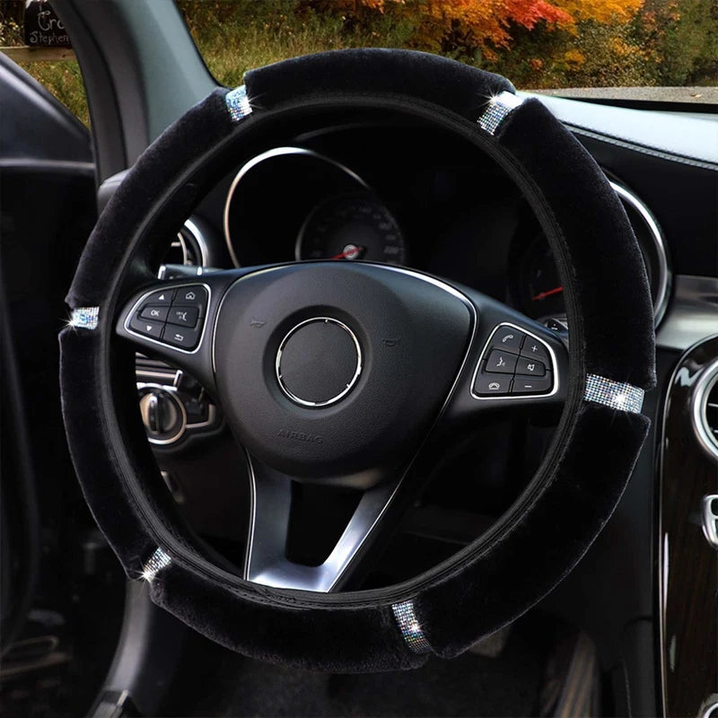 Plush Steering Wheel, Gearshift & Handbrake Cover Set with Rhinestones