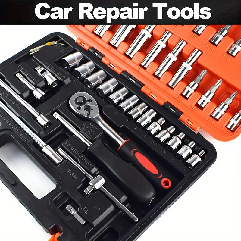 53-Piece Steel Car Repair Tool Set with Sockets and Case for Motorcycles