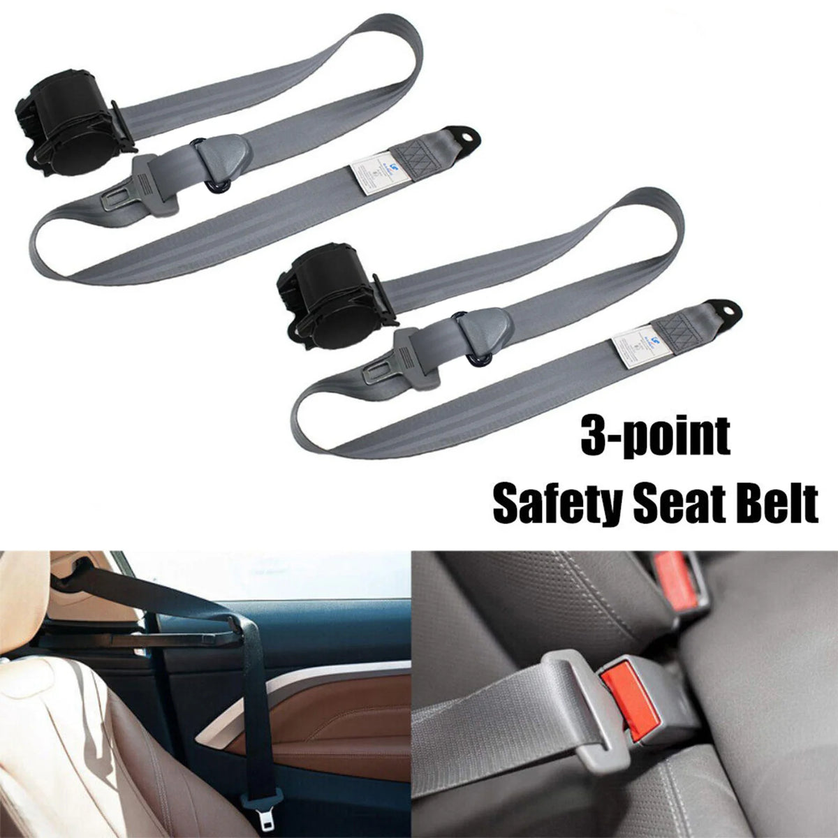 Retractable 3-Point Seat Belt Kit for Sedan, Truck & Van (Grey) - image 2