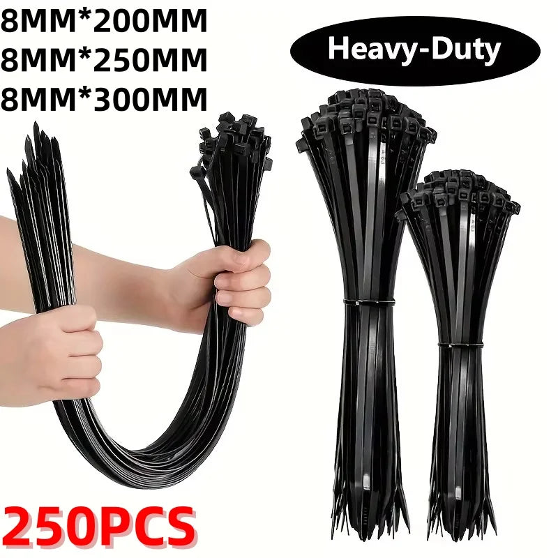 8MM 250pcs Heavy Duty Cable Ties, Black Nylon Zip Tie Straps with Water-Resistant, Non-slip, Break Resistant