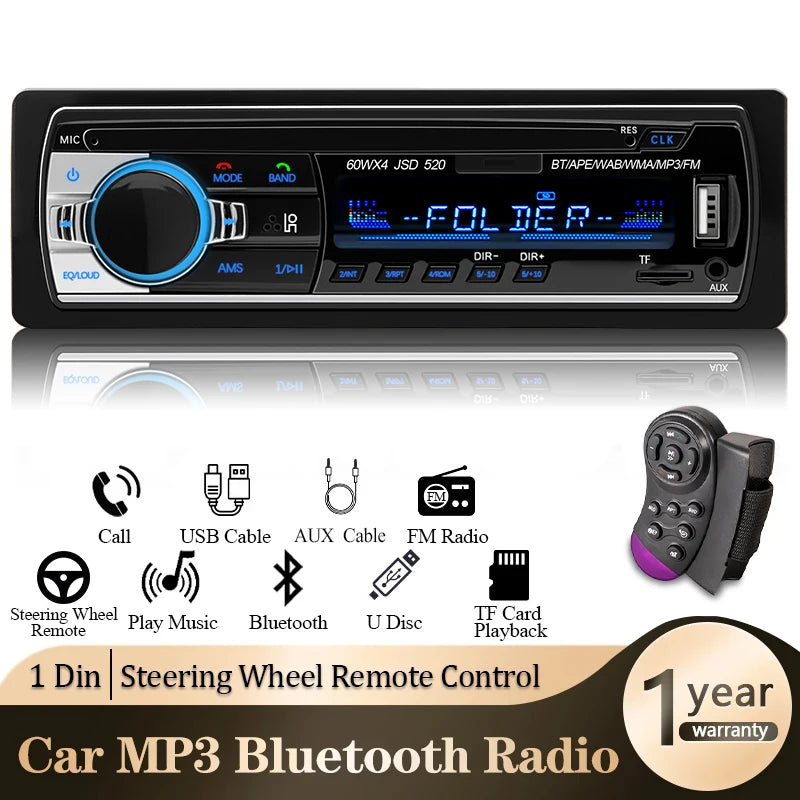 Car Radio 1 Din Stereo Player Digital Bluetooth MP3 Player FM Radio Stereo Audio Music USB With In Dash AUX Input