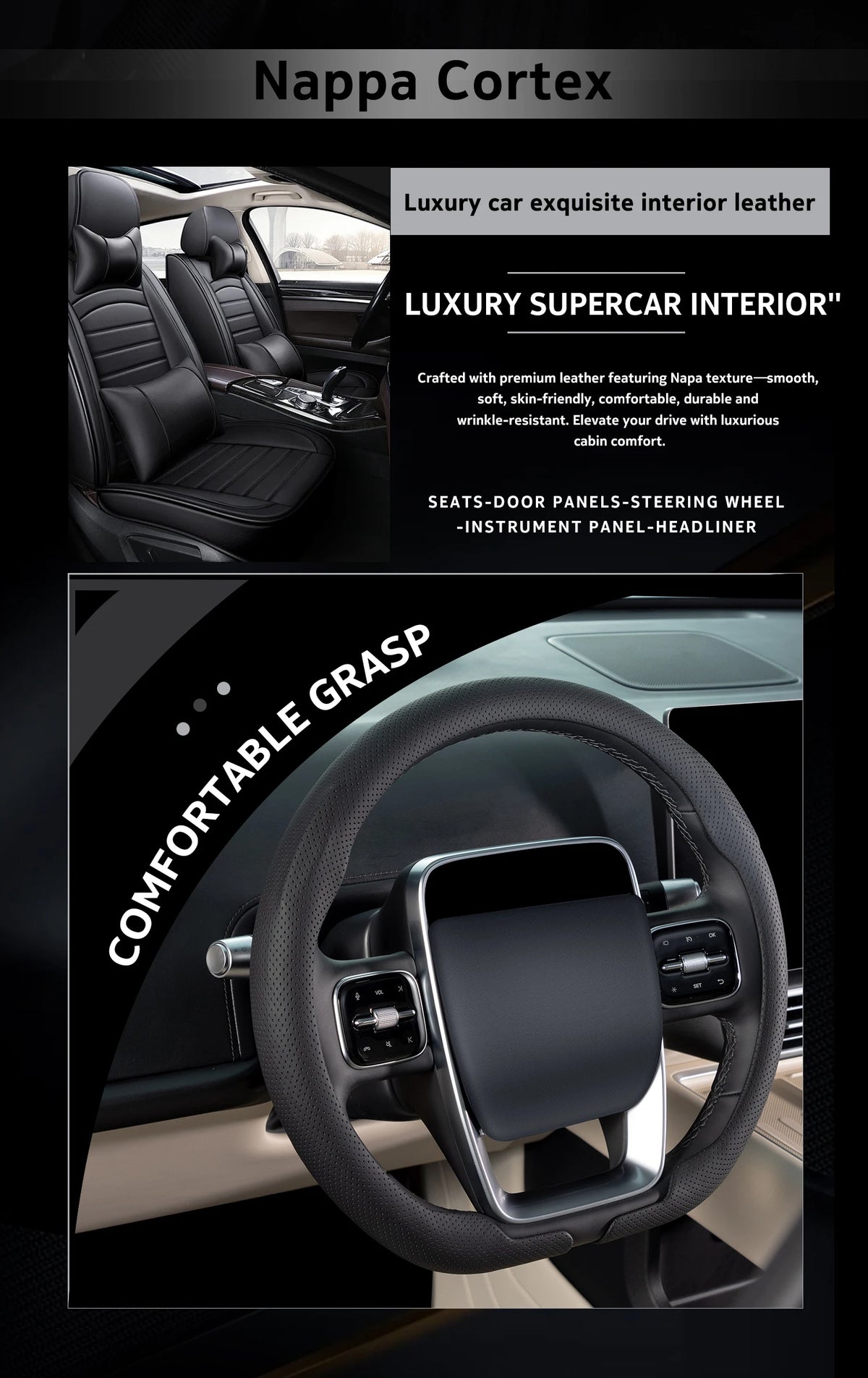 Ultra-Thin Faux Leather Steering Wheel Cover, 38cm, D or O Shape