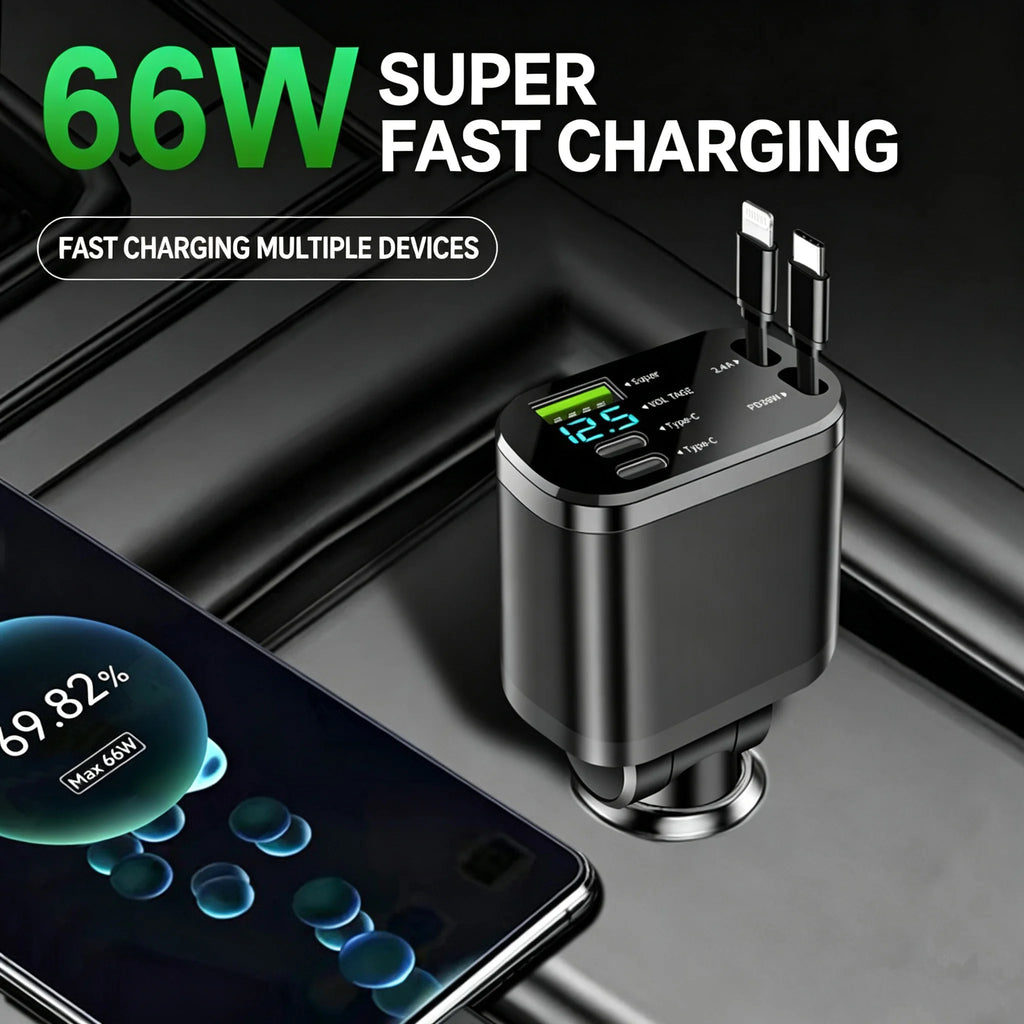 Car Charger with Digital Display and Retractable USB-C Cable
