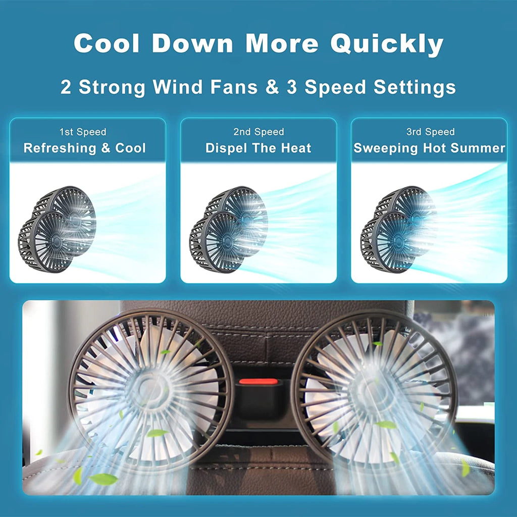 Dual Head Car Seat Back Cooling Fan, USB, 3-Speed, 360° Rotation