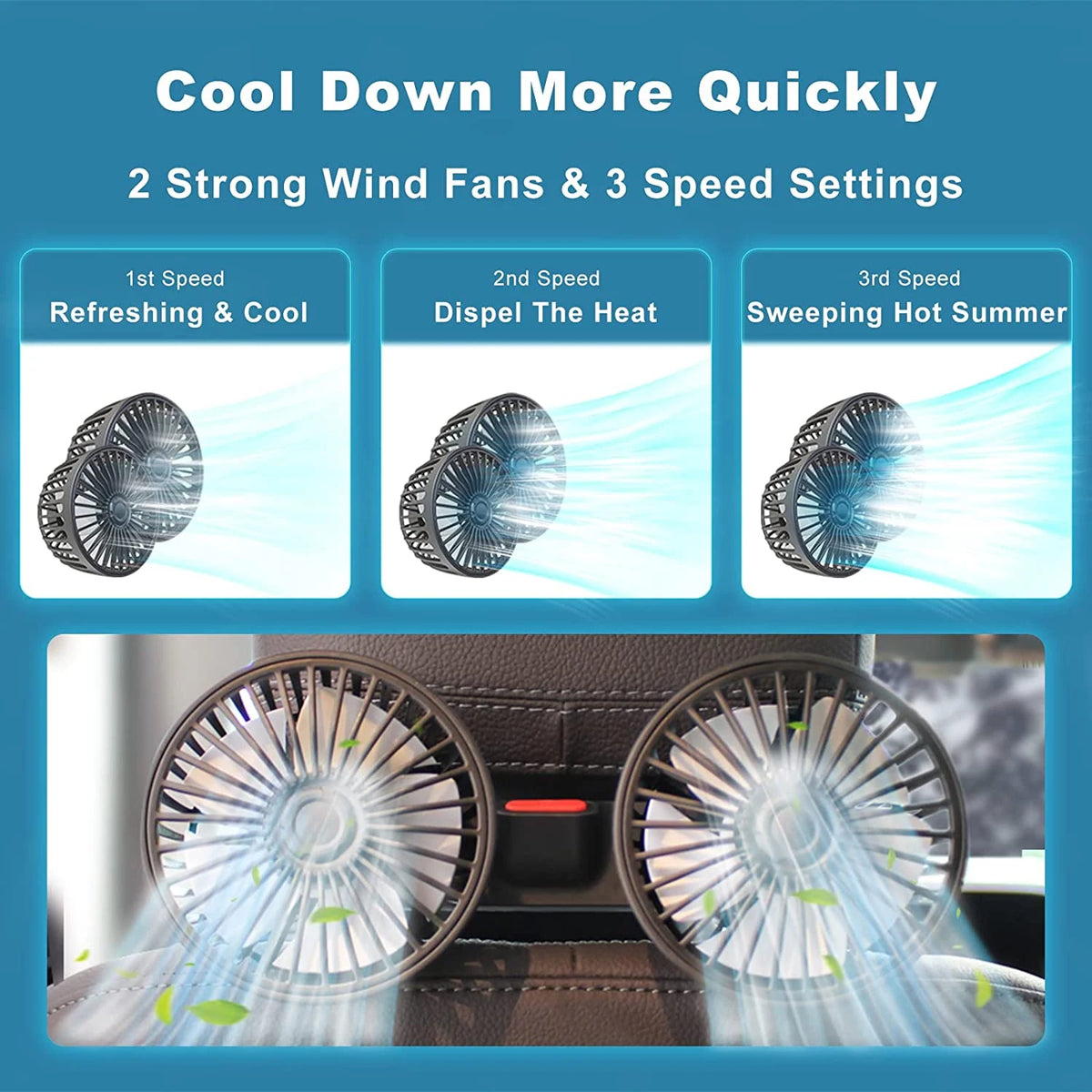 Dual Head Car Seat Back Cooling Fan, USB, 3-Speed, 360° Rotation