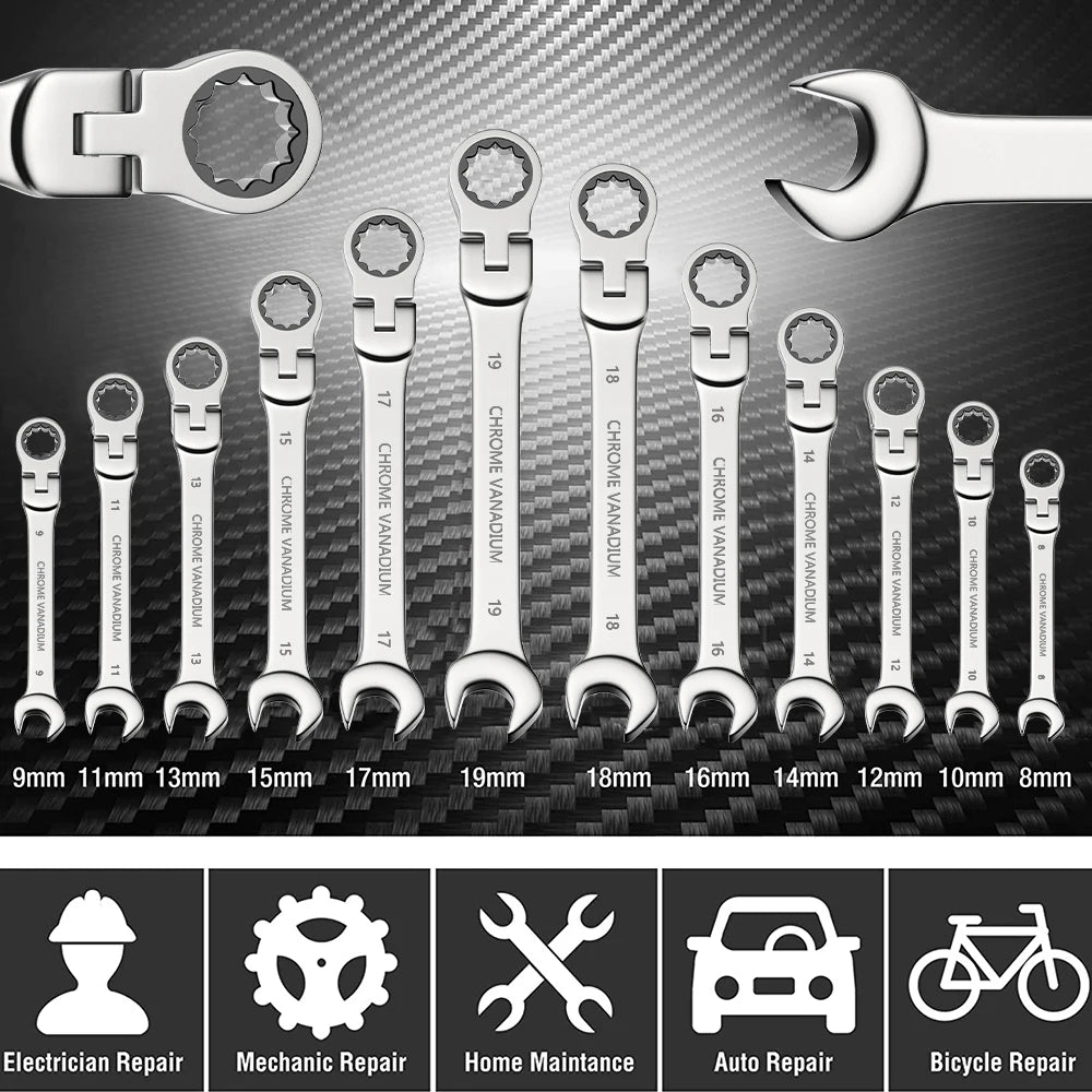 Ratcheting Combination Wrench Set 6-22mm Metric Flex Head Chrome Vanadium Steel