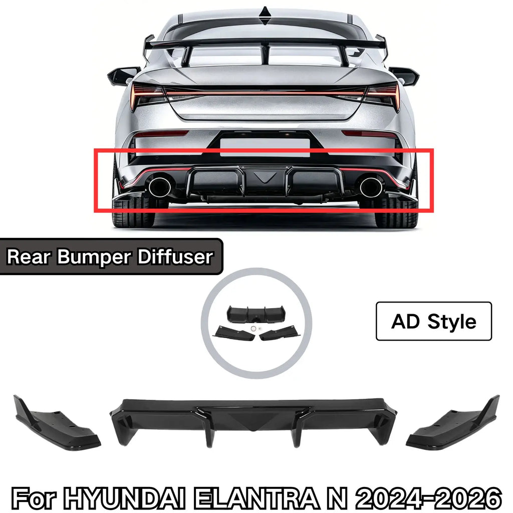 Rear Bumper Diffuser for Hyundai Elantra N 2024-2026, Gloss Black
