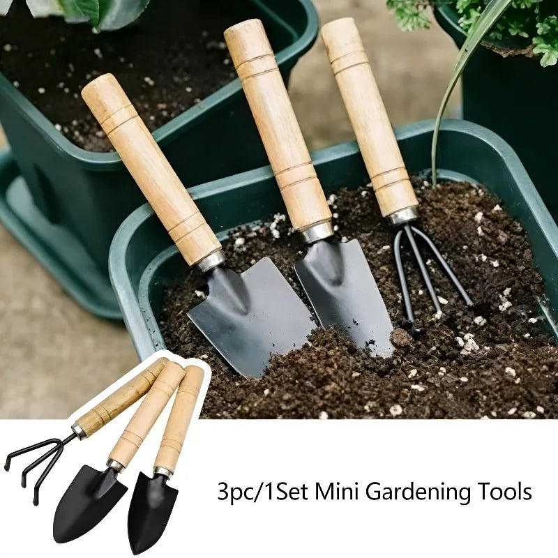 3Pcs/Set Mini Gardening Tools Set | Portable Shovel & Rake Kit with Wooden Handles for Indoor Planting, Soil Loosening