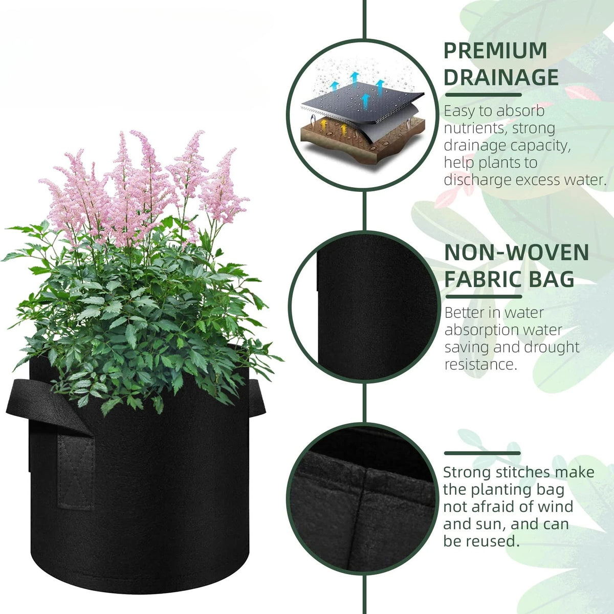 5-Pack Nonwoven Grow Bags with Reinforced Handles