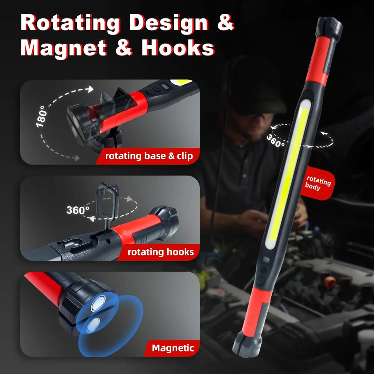 LED Magnetic Work Light Rechargeable Underhood Work Lamp With Hooks & Rotating Magnetic Base For Car Repairing Emergency