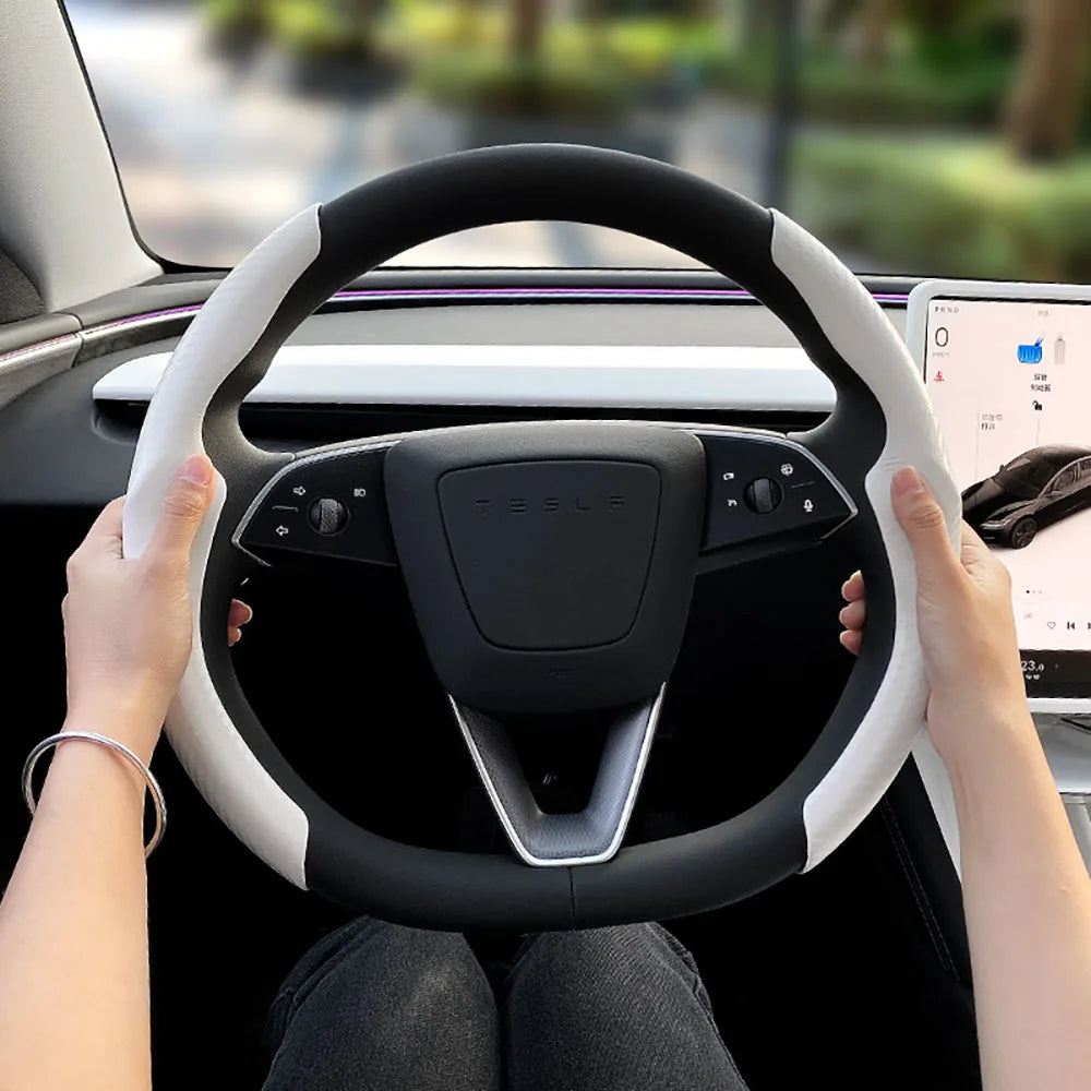 Matte White Steering Wheel Trim for Tesla Model Y and Model 3