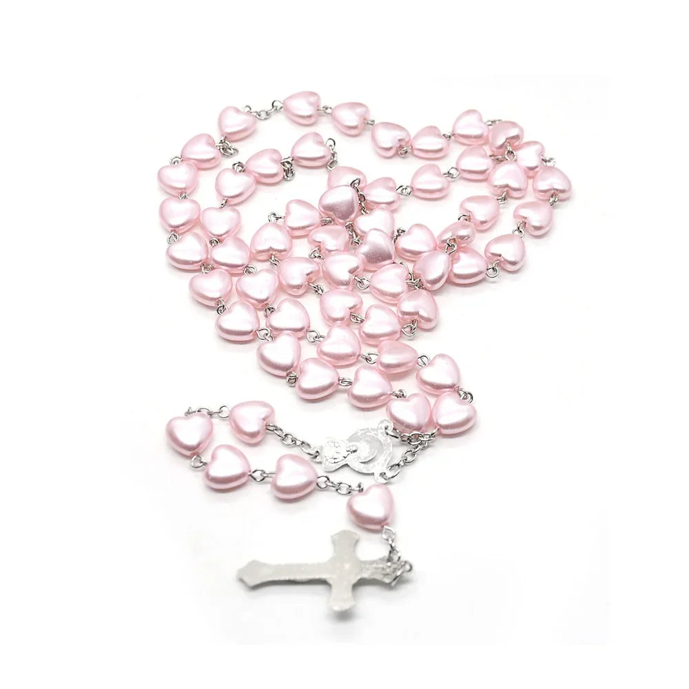 Catholic Rosary Pendant Necklace White Heart Beads Car Ornament - image 4