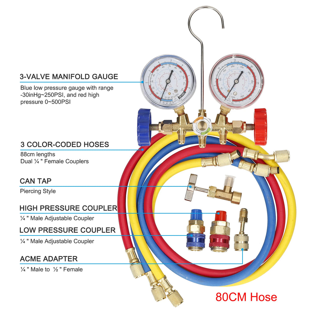 Refrigerant Manifold Gauge Air Condition Refrigeration Set Charging Hose for R12 R22 R404A R134A Refrigerants
