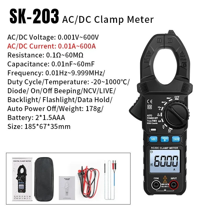 Clamp Meter Digital Multimeter 6000 Counts AC/DC Voltage Current NCV Resistance Capacitance Electrician Test Tool