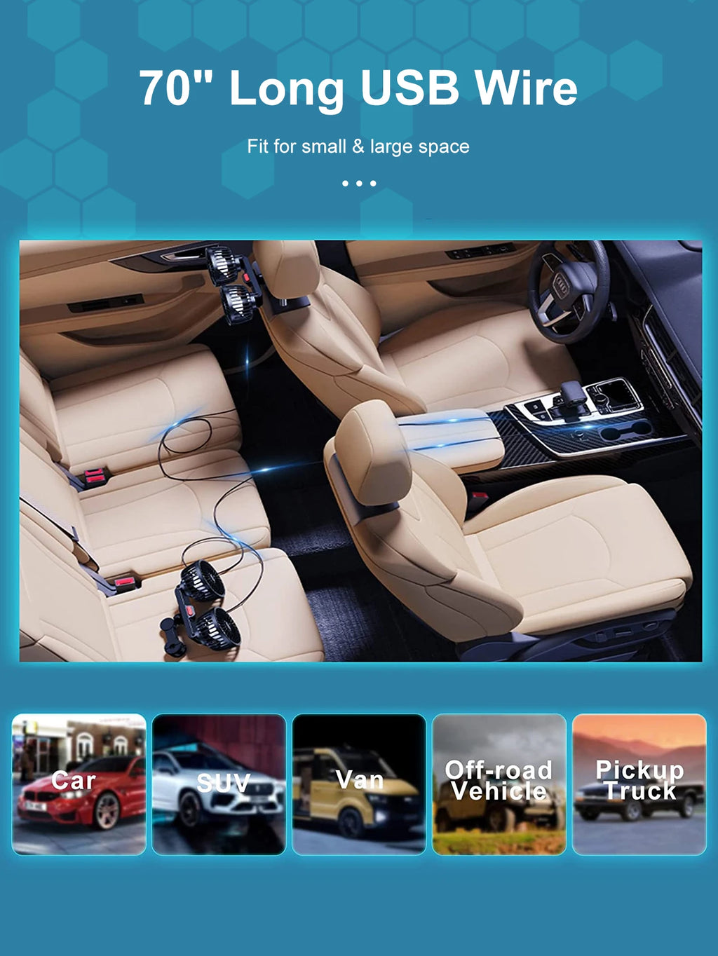 Dual Head Car Seat Back Cooling Fan, USB, 3-Speed, 360° Rotation
