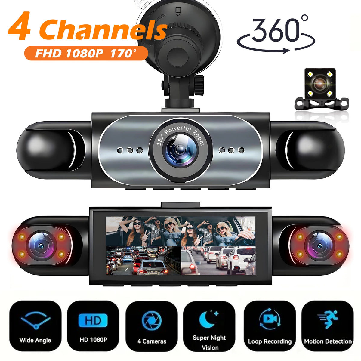 4-Channel 360° Dash Cam with 1080p Night Vision & Parking Monitor