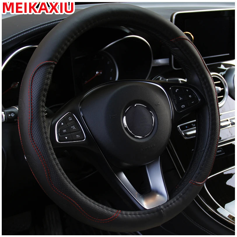 38 cm Embossed PU Leather Steering Wheel Cover with Inner Ring