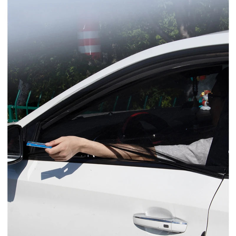 2pcs Car Window Mosquito Net Sunshade UV Protect Shield Mesh Foldable Curtain shown on white vehicle window