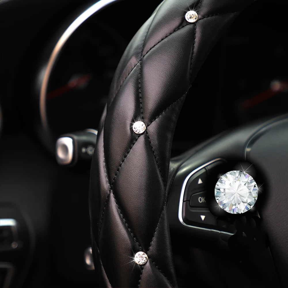 Embroidered Steering Wheel Cover with Diamond-Studded Inner Ring, 14.5-15"