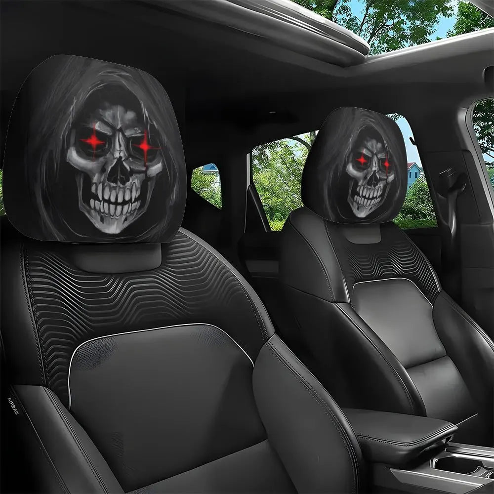 Skull and Flame Print Car Headrest Covers, Set of 2