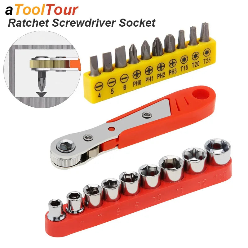 Right Angle Ratchet Wrench Screwdriver Set, 1/4 Hex Bit Holder
