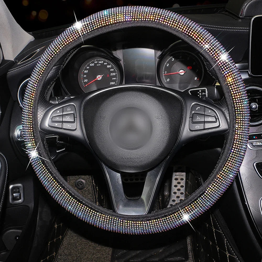 Fashion Crystal Car Steering Wheel Cover 38cm Breathable Anti Slip PU Rhinestone Car Decoration Diamond Car Accessories