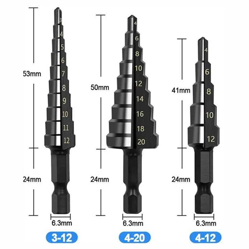 3Pcs HSS Step Drill Bit Set 3-12/4-12/4-20mm Hex Shank Wood Metal - image 6