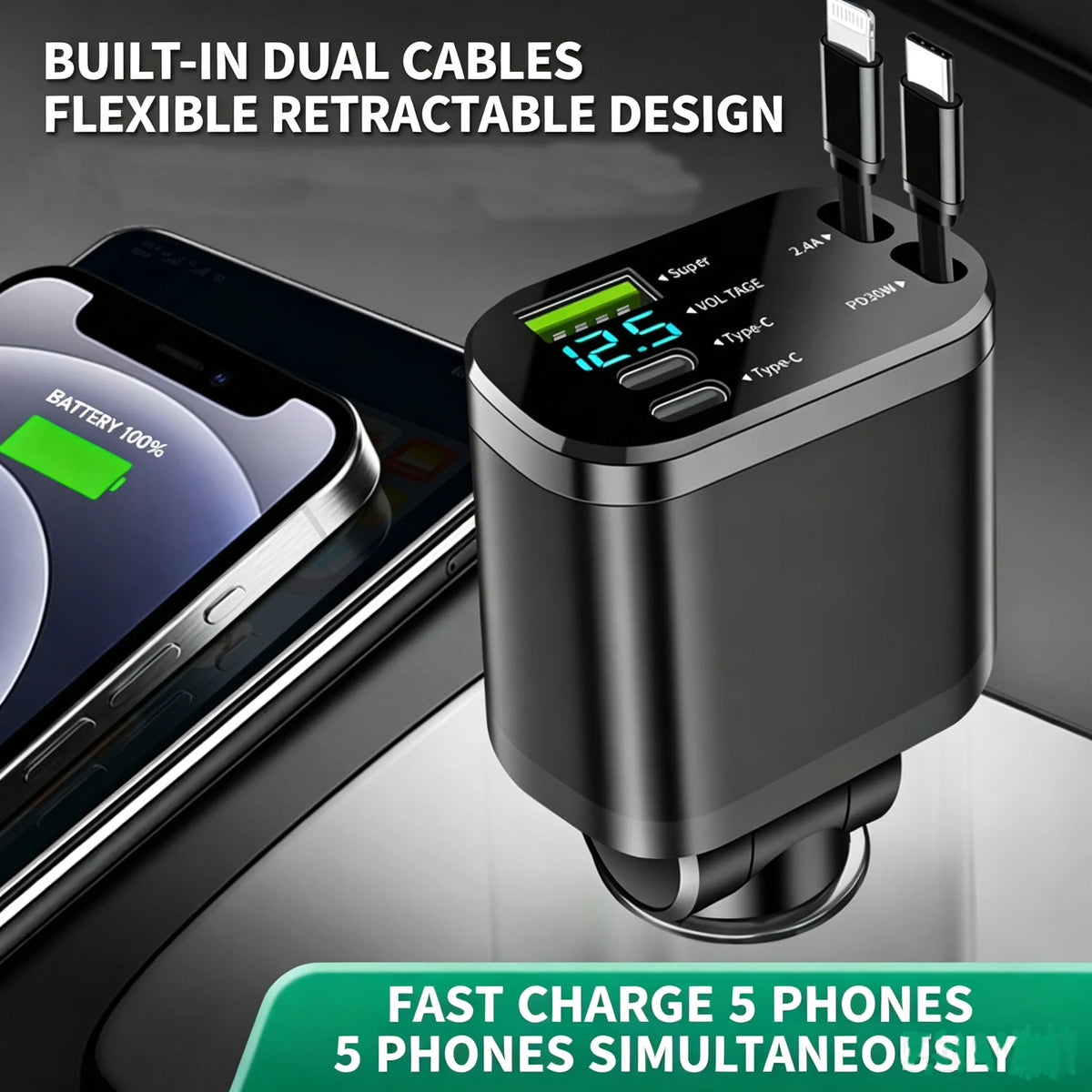 Car Charger with Digital Display and Retractable USB-C Cable